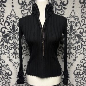 Belldini Womens Black Ribbed Knit Full Zip Ruffle Neck Cardigan Sweater Small